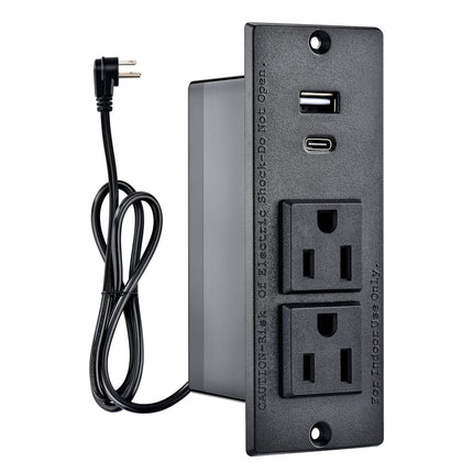 Dylux Recessed Power Strip with 1 USB-C, 1 USB-A, 2 Outlets & 6ft Flat Plug Cable | UL Certified