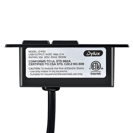 Dylux Recessed Power Strip with 1 USB-C, 1 USB-A, 2 Outlets & 6ft Flat Plug Cable | UL Certified