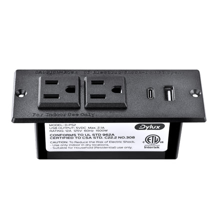 Dylux Recessed Power Strip with 1 USB-C, 1 USB-A, 2 Outlets & 6ft Flat Plug Cable | UL Certified