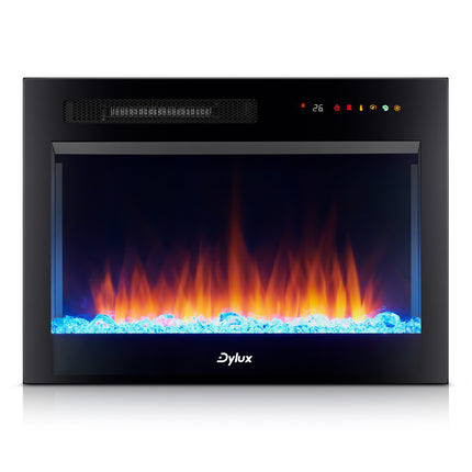Dylux 26" RV Electric Fireplace – 1500W Heater, Adjustable Flame, Wall-Mount/Recessed, Crystal Base