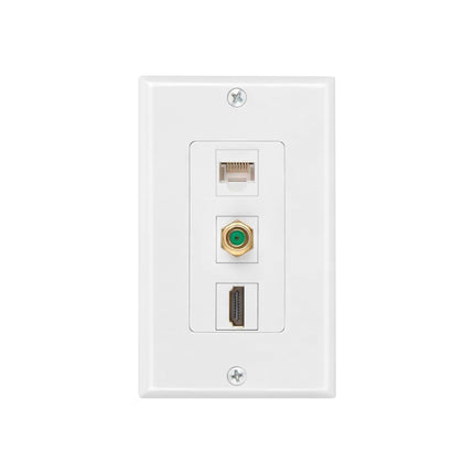 Dylux 3-Port Wall Plate – HDMI Coupler + Cat6 Jack + F81 Coax (3GHz, Gold-Plated)