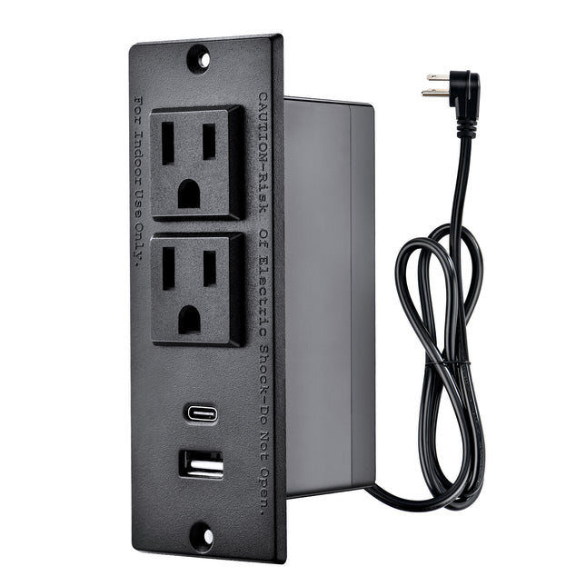 Dylux Recessed Power Strip with 1 USB-C, 1 USB-A, 2 Outlets & 6ft Flat Plug Cable | UL Certified