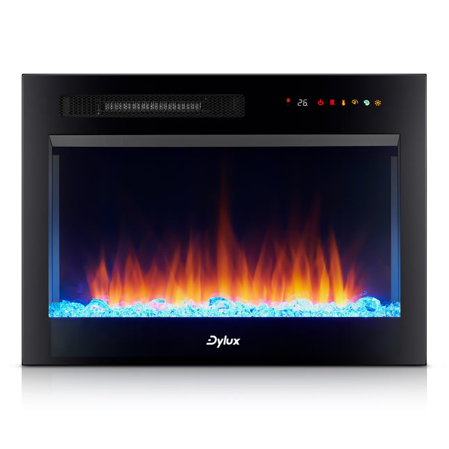 Dylux 26" RV Electric Fireplace – 1500W Heater, Adjustable Flame, Wall-Mount/Recessed, Crystal Base