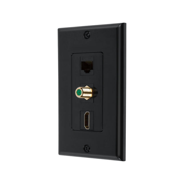 Dylux 3-Port Wall Plate – HDMI Coupler + Cat6 Jack + F81 Coax (3GHz, Gold-Plated)