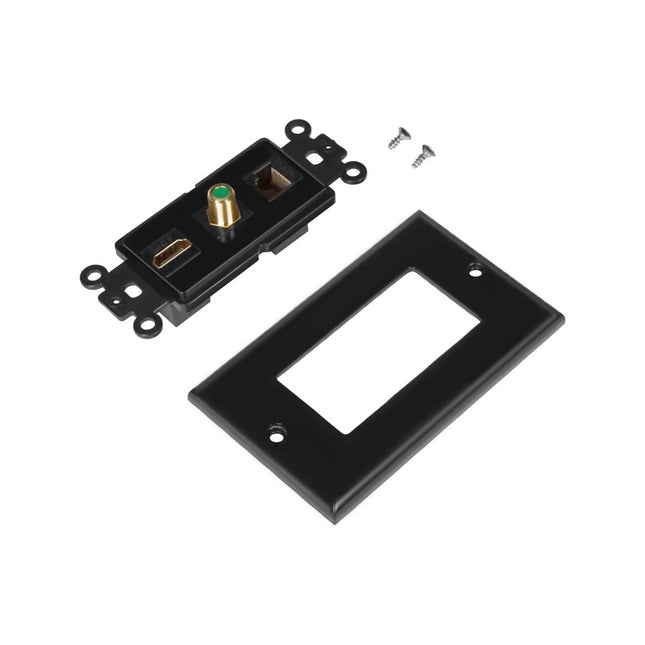 Dylux 3-Port Wall Plate – HDMI Coupler + Cat6 Jack + F81 Coax (3GHz, Gold-Plated)